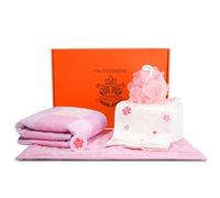 Vie TRIOMPHE 5-Piece Sakura Children's Bath Set Gift Box, 60x120cm Bath Towel, 34cm Washcloth, 34x45cm Bath Mat, Bath Puff, Bath Salts, Soft Absorbent for Kids with Japanese Floral Design