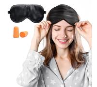 Viedouce Sleep Eye Mask,100% Natural Silk Eye Mask for Sleeping,Eye Blinder with Adjustable Strap and Ear Plug,Light-Blackout Design,Soft Sleep Mask for Women,Men and Kids(Black)