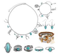ViEinkaufen 13 Pcs Cowgirl Accessories for Women, Boho Turquoise Jewellery, Western Jewellery for Women with Turquoise Earrings, Necklace, Bracelet & Rings for Hippy Fancy Dress, Carnival, Halloween