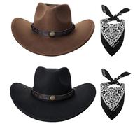 ViEinkaufen 2 Pack Cowboy Hats Unisex Felt Western Hats & Bandanas Texas Texan Costume Accessories for Men Women Adults Wild West Fancy Dress Party