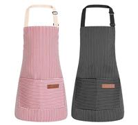 ViEinkaufen 2 Pack Kids Aprons with Pockets Adjustable Children's Chef Apron for Boys and Girls Stripe Cooking Apron Kitchen Baking Painting Gardening Black and White, Pink and White