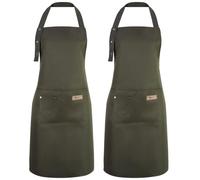 ViEinkaufen 2 Pack Kitchen Apron for Women, Adjustable Cooking Aprons with Pockets, Unisex Canvas Waterproof Aprons Chef Bakers Apron for Home Kitchen, Restaurant(Green)