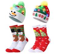 ViEinkaufen 2 Pcs Light Up Christmas Hat with 2 Pcs Christmas Socks | Christmas Knitted Hat,Novelty Xmas Beanie Hat,Unisex LED Santa Hats for Adults Christmas Party