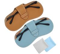 ViEinkaufen 2 Pcs Slim Glasses Case, Leather Glasses Case Soft Spectacle Cases Anti-Scratch Sunglasses Pouch with Cleaning Cloth Eyeglasses Storage Bag for Women Men-Brown,Light blue