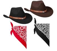 ViEinkaufen 2Pcs Cowboy Hats Black Brown, Cowboy Hat with Bandana Scarf Western Hat Set Fancy Dress Party Accessory for Women Men Halloween Birthday Cosplay Party (Black+Brown 2#)
