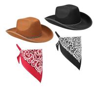 ViEinkaufen 2Pcs Cowboy Hats Black Brown, Cowboy Hat with Bandana Scarf Western Hat Set Fancy Dress Party Accessory for Women Men Halloween Birthday Cosplay Party (Black+Brown 1#)