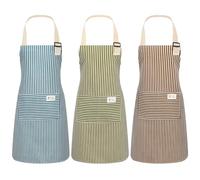 ViEinkaufen 3 Pack Aprons for Women,Aprons For Cooking with Pockets,Cotton Linen Adjustable Neck Bib Apron for Stripe Baking Gardening Tailoring