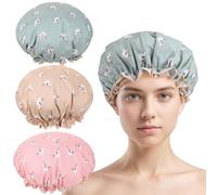 ViEinkaufen 3 Pcs Shower Cap Elastic Band for Women Girls, Double Layers Reusable Waterproof Shower Caps, Hair Cap with Ruffled Edge Covering Ears