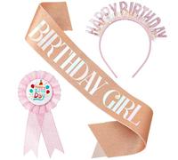 ViEinkaufen 3pcs Happy Birthday Girl Headband Set,Sequin Crown Tiara Sash Badge for Birthday Girl Party Supplies