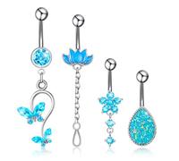 ViEinkaufen 4 Pcs Belly Button Bars 14G Stainless Steel Belly Button Piercing Rings Long Blue Cubic Zirconia Butterfly Flowers Teardrop Lotus Navel Piercing Jewelry for Womens Girls