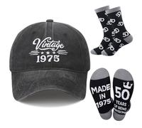 ViEinkaufen 50th Birthday Gifts for Men Women Birthday Baseball Cap for Him 1975 Hat Mens Socks Present Leaving Thank You Gifts for Husband Dad Brother Friends Teachers Black