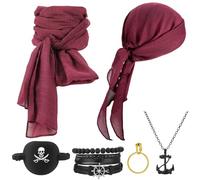 ViEinkaufen 6 Pcs Pirate Accessories Set,Medieval Renaissance Pirate Bandana Large Sash Belt Necklace Bracelets Gold Earring Eye Patch Fun Dress Up Costume Adult Kids for Halloween