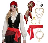 ViEinkaufen 6 Pcs Pirate Costume Accessories Set for Women, Role Play Outfit with Red Scarf & Sash for Cosplay, Theme Parties, Masquerade, Stage Performance