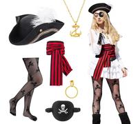 ViEinkaufen 6PCS Pirate Costume Women Pirate Hat Sash Fishnet Stockings Eye Patch Necklace Earrings for Halloween Parties Masquerades Carnival