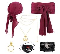 ViEinkaufen 7Pcs Pirate Costume Accessories Set, Medieval Renaissance Style with Headscarf Sash Belt Eyepatch Bracelets Earrings Waist Chain Anchor Necklace for Themed Parties Festivals Cosplay