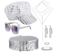 ViEinkaufen 8 Pcs 70s Disco Accessories Set,Fancy Abba Accessories for Women with Sequin Hat Necklace Bracelet Earrings Ring Sunglasses Belt for Disco Theme Party(Silver)