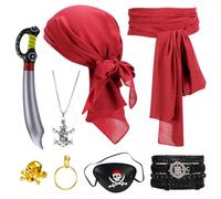 ViEinkaufen 8 Pcs Medieval Pirate Costume Accessory Set, Pirate Fancy Dress Accessories with Headband Waist Belt Eye Patch Necklace Bracelet Ring Inflatable Knife for Dress-Up Halloween Cosplay Party