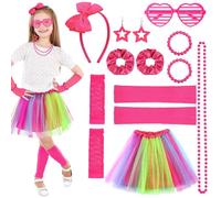 ViEinkaufen 80s Fancy Dress for Girls, 90s Fancy Dress Costumes Accessories Set Kids Tutu Neon Leg Warmers Fishnet Gloves Sunglasses Earrings Necklace Headband Scrunchies Rave Accessories