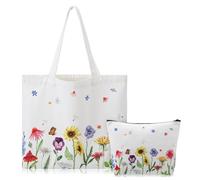 ViEinkaufen Flower Canvas Tote Bag with Inner Pocket Gifts for Women Reusable White Washable Foldable Girls Shopping Makeup Bag Birthday Present for Her Present for Mum Auntie Teacher Friends
