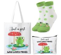 ViEinkaufen Gifts for Frog Lovers Birthday Gifts Frog Tote Bag with Inner Pocket Frog Socks Makeup Bag Thank You Presents for Women Girls Daughter Wife Girlfriend Teachers
