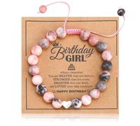 ViEinkaufen Natural Stone Bracelet, Birthday Girl Beads Bracelet with Message Card and Heart Charm, Pink Zebra Bracelet for Women Girls Birthday Day Gifts