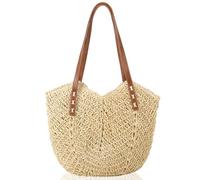 ViEinkaufen Straw Beach Bags for Women Woven Tote Bag Summer Travel Beach Handbag Handmade Boho Straw Bag with Zip for Beach Vocation Holiday and Shopping