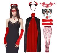 ViEinkaufen Women’s Deluxe Devil Costume Set, 6-Piece Gothic Cape Outfit Set with Reversible Cape Horns Choker Lace Mask Stockings Gloves for Masquerades Halloween Theme Parties