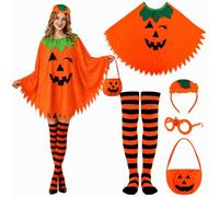 ViEinkaufen Women's Pumpkin Costume Set, 5 Pcs Cape Socks Glasses Bag | Pumpkin Cape Poncho Headband Glasses Socks Candy Bag for Halloween Parties Masquerade Cosplay and Fancy Dress