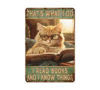 VIELEGELD Cat Tin Sign, Vintage "That's What I Do I Read Books And I Know Things" Metal Posters Study Wall Decor, Retro Gift for Cat Lover, 8x12 Inch