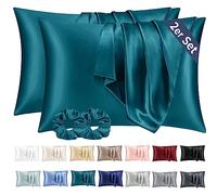 Vielit 2 Pack Satin Pillowcase for Hair and Skin Cooling,Soft as Silk Pillowcase for Hair and Skin,Easier Care than Silk Pillow Case Teel 50x80 cm Gifts for Women Envelope & 2 Scrunchies