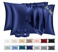 Vielit 2 Pack Satin Pillowcase for Hair and Skin,Soft as Silk Pillowcases for Hair and Skin,Easier Care than Silk Pillow Case Navy Pillowcases for 40x60cm Pillow Envelope & 2 Scrunchies