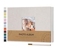 Vienrose Self Adhesive Photo Album with Display Window for 4 x 6 Photos, Linen Cover DIY Scrap Book Album 60 White Pages for Travel, Photo Book with a Ballpoint Pen, 21.5 x 30 cm, Beige