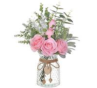 VIERENA Artificial Flowers with Vase, Silk Artificial Roses, Eucalyptus Flower Arrangement Home Office Farmhouse Bathroom Dining Table Coffee Table Decoration (Pink)