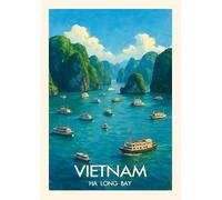 Vietnam Ha Long Bay Vintage Travel Art Print Poster, Turquoise Waters and Limestone Cliffs, Maritime Landscape Wall Decor. Size A4