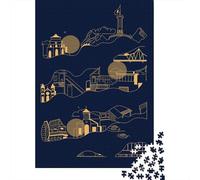 Vietnam Landmarks Line Art Illustration Travel Puzzle 1000 Pieces, Asian Architecture Inspired View, Premium Paper Puzzle, for Travel Lovers, Gift Idea, 52x38cm/1000pcs