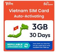 Vietnam SIM Card | 3GB Super Economy Refillable Plan! Auto Activating 30 Day Validity | 5G Speed + Hotspot | Data-Only No Phone Number