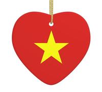Vietnamese Flag Ceramic Christmas Heart Pendant, The Pottery Piece is Available with Silk Thread