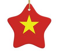 Vietnamese Flag Christmas Ceramic Star-Shaped Pendants, All with Holes Punched and Gold Wire Ropes for Easy Hanging