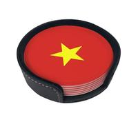 Vietnamese Flag Printed Round Leather Coasters (Set of 6) Feature Rich Colors, Unique Patterns and are Easy to use.