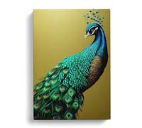 View Of A Peacock No.3 Yellow, Red, Peach Canvas Print | Gallery Wrapped 30mm Frame Wall Art | 30x20 inches | Ready to Hang | Contemporary Still Life Picture | Living Room Bedroom Lounge Office
