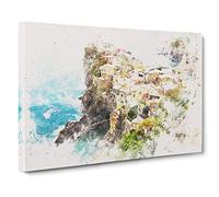 View of Cinque Terre in Italy Watercolour Canvas Wall Art Print 30x20 Inch | Ready to Hang, Gallery Wrapped, Fade-Resistant Inks, Securely Packaged, UK Made