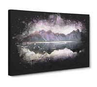 View Of The Black Sand Beach Iceland Paint Splash Modern Art Canvas Wall Art Print Ready to Hang, Framed Picture for Living Room Bedroom Home Office Décor, 20x14 Inch (50x35 cm)