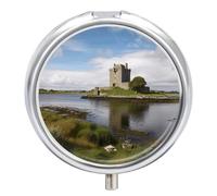 View of The Dunguaire Castle Pill Box Portable Mini Travel Pill Organizer Holder 3 Compartment Decorative Round Pills Case Exquisite Daily Vitamin Container for Cod Liver Oil