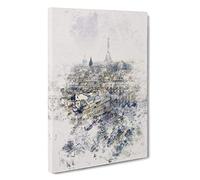 View of the Eiffel Tower in Paris France Watercolour Canvas Print | Gallery Wrapped 30mm Frame Wall Art | 30x20 inches | Ready to Hang | Modern Cityscape Picture | Living Room Bedroom Lounge Office