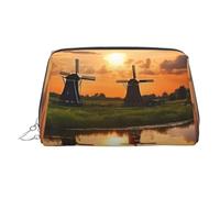 View of the Netherlands Makeup Bag for Women Cosmetic Bags Leather Travel Makeup Case Organizer Waterproof Make up Pouch Open Flat Toiletry Bag Portable Storage Pouch for Travelling, Silver, One Size