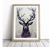 View Of The Stag No.7 Framed Wall Art Print - Ready to Hang Picture - Modern Art for Living Room Bedroom Kitchen Home - Oak A2 (48 x 66 cm)
