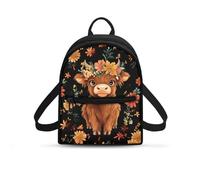 Viewamoon Mini Backpack for Women Travel Work Small Bookbag Organizer Small with Handles for Birthday Work, Highland Cow Floral Black, Mini, Daypack Backpacks