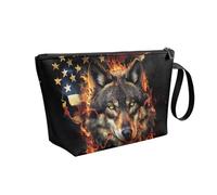 Viewamoon Waterproof Travel Makeup Bag for Women Leather Toiletry Bag Large Cosmetic Bag Case with Zipper for Party Holiday, american flag cool wolf animal fire