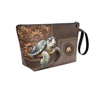 Viewamoon Waterproof Travel Makeup Bag for Women Leather Toiletry Bag Large Cosmetic Bag Case with Zipper for Party Holiday, vintage sea turtle sunflower brown
