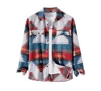 VIEWON Men's Casual Aztec Print Button Down Woolen Long Sleeve Lightweight Lapel Western Shacket Jacket Coat, Red, XX-L